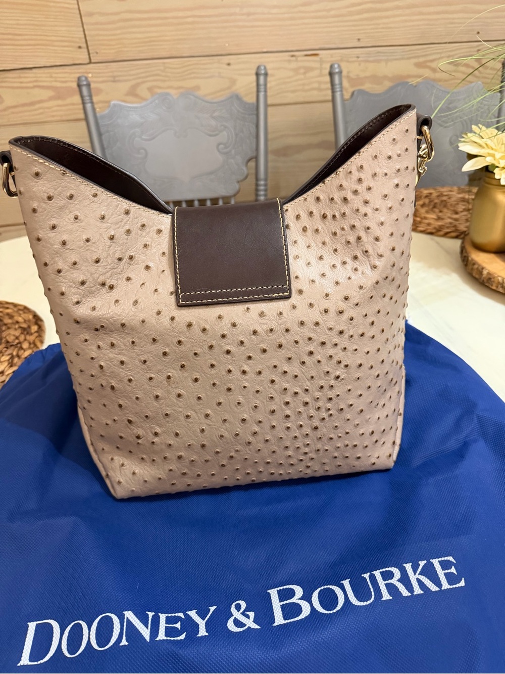 Dooney & Bourke Beige Ostrich-Texture Hobo with Dark Brown Trim - Picture 4 of 5